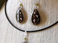 Green and Black Spring Vines Teardrop Earrings and Matching Necklace Pysanky Jewelry by So Jeo : pysanky pysanka ukrainian easter egg batik art eggshell jewelry pendants earrings drop dangle etched flowers gift women accessories accessory pendant necklace bail crystal finding sterling silver filled sojeo flowers celtic purple white red pink brown green purple orange cream burgundy magenta teal turqoise crows crow blue black so jeo art handmade